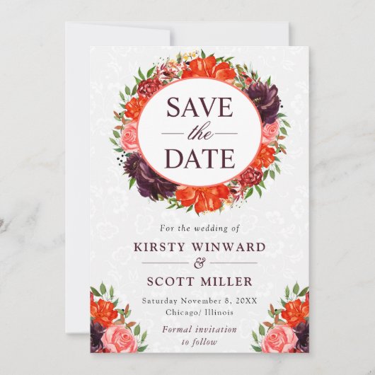 水の色オレンジと茶色の秋リース結婚の セーブザデート (正面)