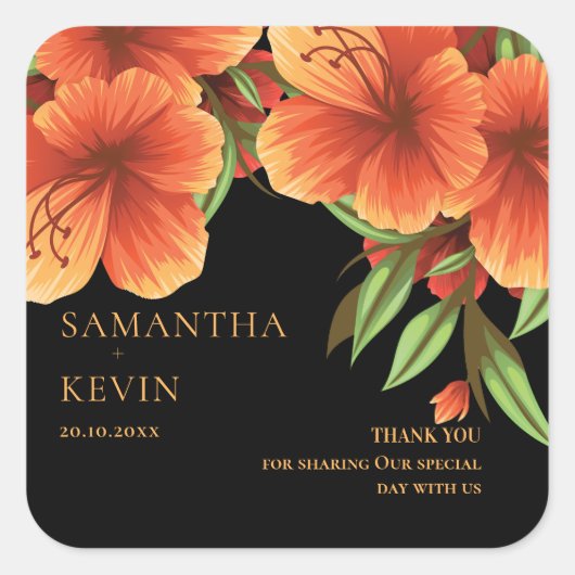 水の色オレンジのフローラ結婚の感謝 スクエアシール (正面)