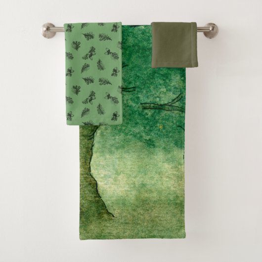 水の色オークの木葉の&どんぐりのパターン緑 バスタオルセット (インサイチュ)