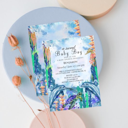 水の色オーシャンシーアニマルズベビーシャワー招待状 招待状