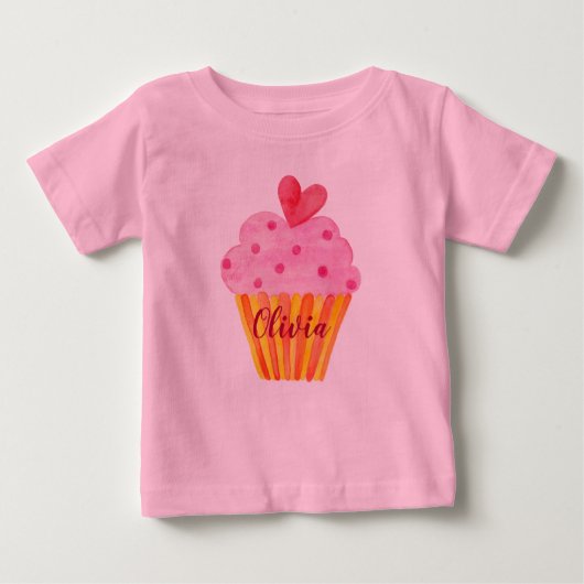 水の色カップケーキピンク任意の年齢誕生日女の子 ベビーTシャツ (正面)