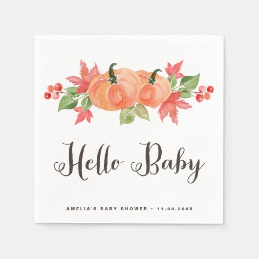 水の色カボチャとメープル葉の赤ちゃんシャワー スタンダードカクテルナプキン (正面)