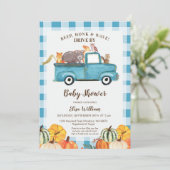 水の色カボチャ青トラックのドライブ赤ちゃんシャワー 招待状 (スタンド正面)