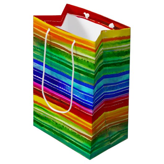 水の色カラフルのストライプモダンレインボー ミディアムペーパーバッグ (正面アングル)