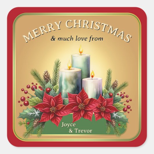 水の色カラフルキャンドルポインセチアのクリスマス スクエアシール (正面)