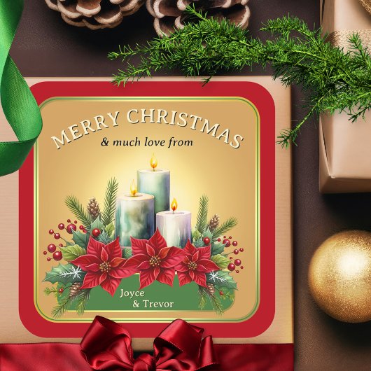 水の色カラフルキャンドルポインセチアのクリスマス スクエアシール