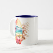 水の色カラフルサーフボードの海波 ツートーンマグカップ (正面左)