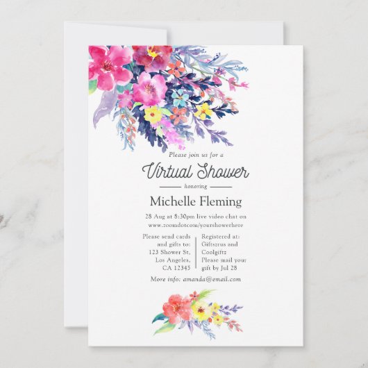 水の色カラフルフローラ仮想ベビーシャワー 招待状 (正面)
