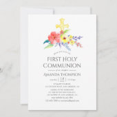 水の色カラフルフローラ最初の聖餐式 招待状 (正面)