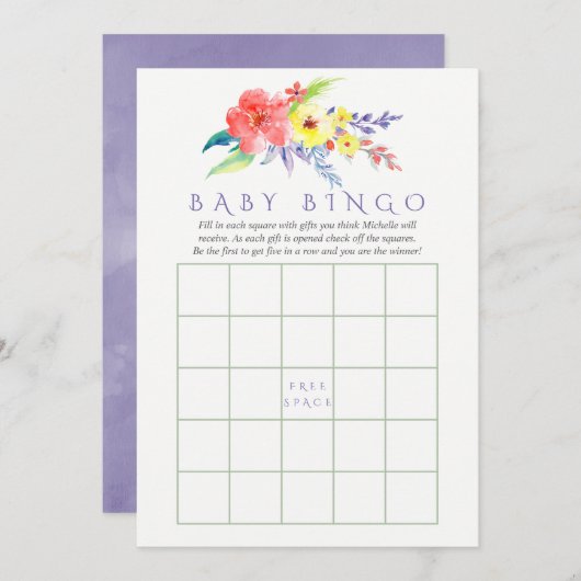 水の色カラフルフローラ赤ちゃんシャワービンゴ 招待状 (正面/裏面)