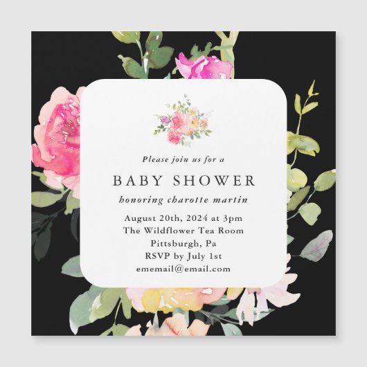 水の色カラフルフローラ赤ちゃんシャワーブラック マグネット招待状 (正面)