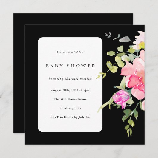 水の色カラフルフローラ赤ちゃんシャワーブラック 招待状 (正面/裏面)