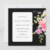 水の色カラフルフローラ赤ちゃんシャワーブラック 招待状 (正面)