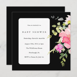 水の色カラフルフローラ赤ちゃんシャワーブラック 招待状
