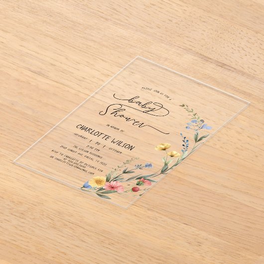 水の色カラフルワイルドフラワーベビーガールシャワー アクリル招待状 (レイダウン)