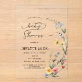 水の色カラフルワイルドフラワーベビーガールシャワー アクリル招待状 (正面)