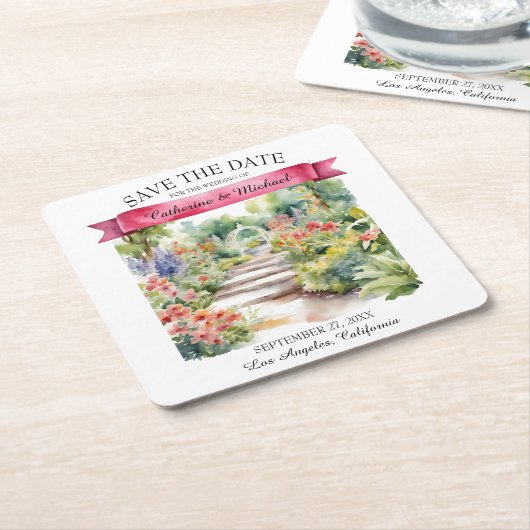 水の色ガーデンワイルドフラワー春日付を保存 スクエアペーパーコースター (アングル)