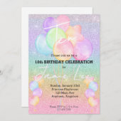 水の色ガーリーバルーン誕生日パーティーの招待 招待状 (正面/裏面)