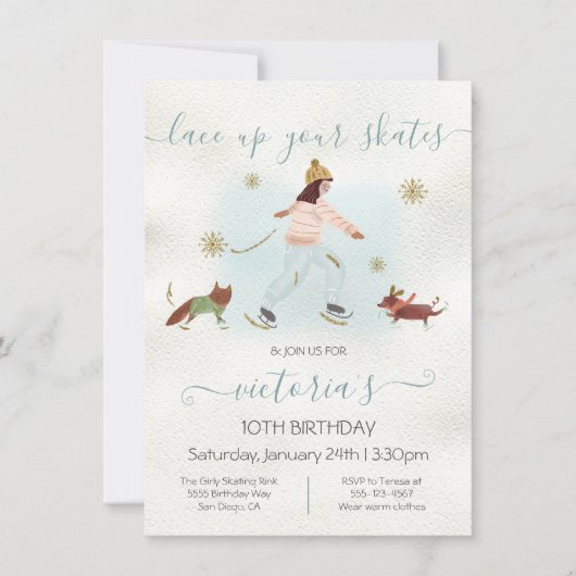 水の色ガールアイスアイススケートで滑る雪の誕生日パーティー 招待状 (正面)