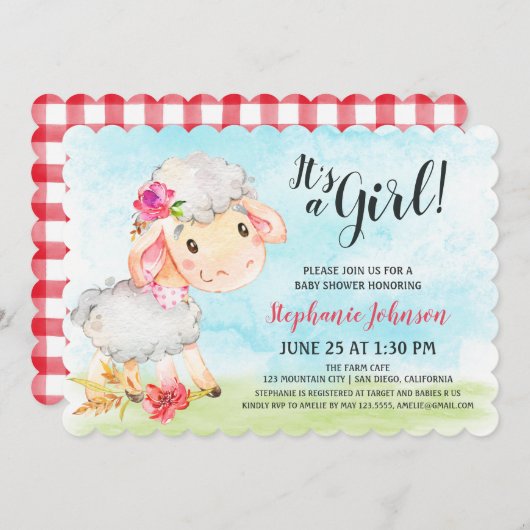水の色ガールヒツンベビーシャワーファーム招待状 招待状 (正面/裏面)