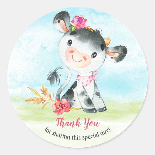 水の色ガール牛の赤ちゃんシャワー農場ありがとう ラウンドシール (正面)