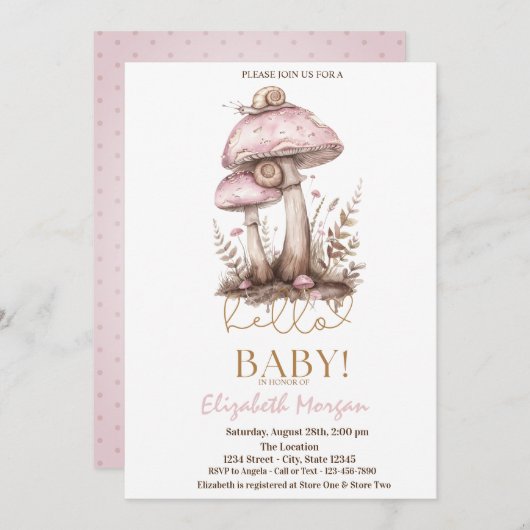 水の色キノコのカタツムドットベビーシャワー 招待状 (正面/裏面)