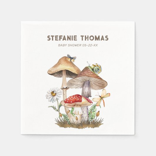 水の色キノコ赤ちゃんシャワーナプキン | ウッドランド スタンダードカクテルナプキン (正面)