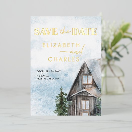 水の色キャビン素朴冬の日付を保存 箔招待状 (立ち正面)