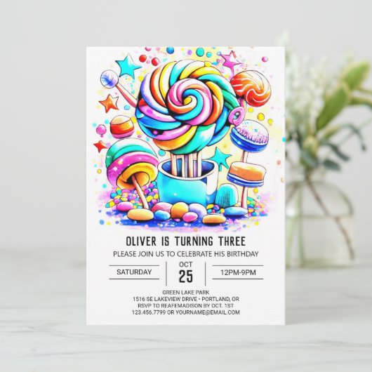水の色キャンディランド編集可能誕生日 招待状 (スタンド正面)