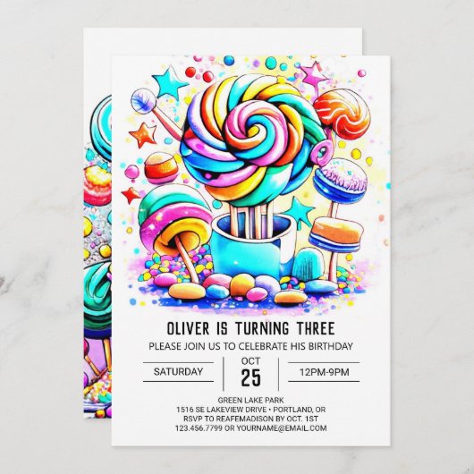 水の色キャンディランド編集可能誕生日 招待状 (正面/裏面)