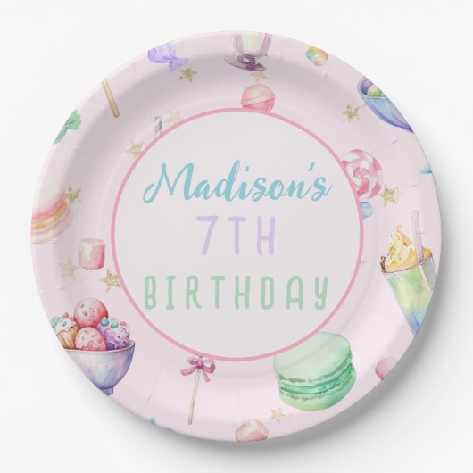 水の色キャンディワンダーランドパステルバースデーパーティー ペーパープレート (正面)