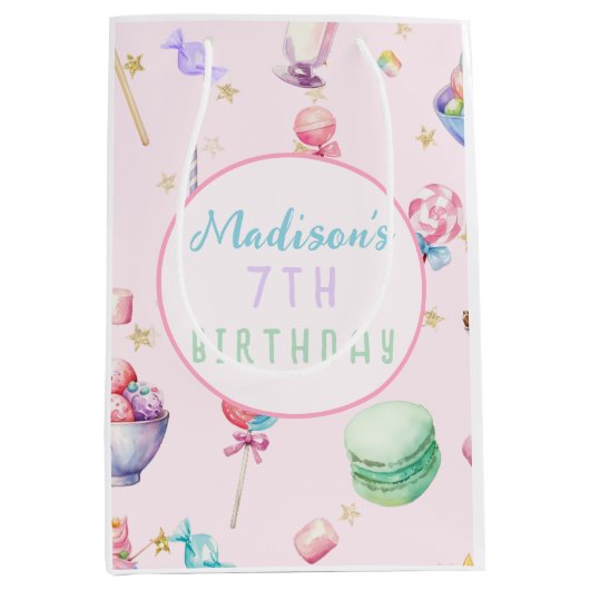 水の色キャンディワンダーランドパステルバースデーパーティー ミディアムペーパーバッグ (正面)