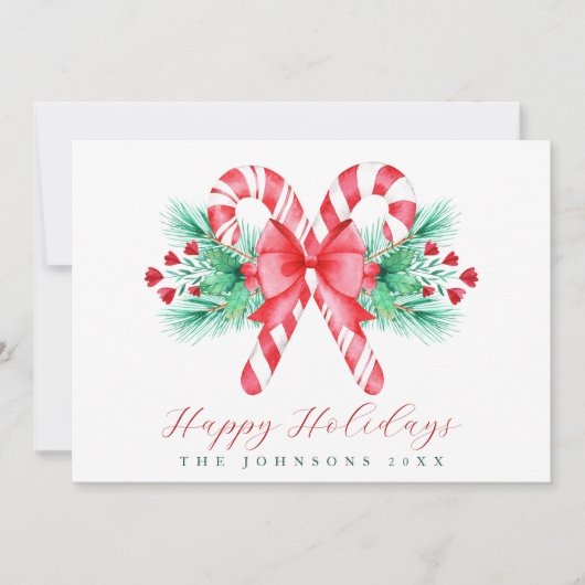 水の色キャンディーケーンと弓のクリスマス シーズンカード (正面)