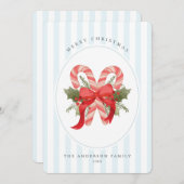 水の色キャンディーケーンと弓メリークリスマス シーズンカード (正面/裏面)