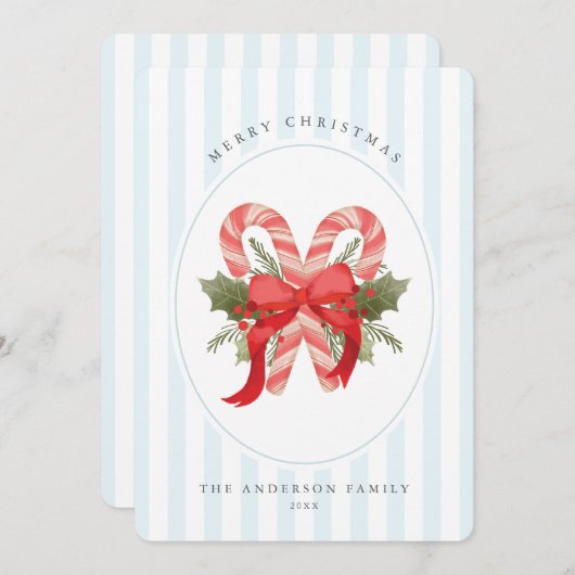 水の色キャンディーケーンと弓メリークリスマス シーズンカード (正面/裏面)