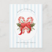 水の色キャンディーケーンと弓メリークリスマス シーズンポストカード (正面)