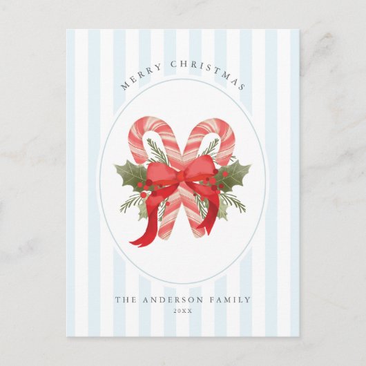 水の色キャンディーケーンと弓メリークリスマス シーズンポストカード (正面)
