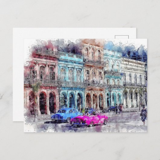 水の色キューバのハバナヴィンテージ車の都市はがき ポストカード (正面/裏面)