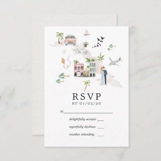 水の色キューバの目的地の結婚式 出欠カード (正面/裏面)