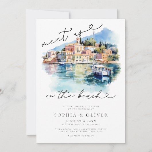 水の色ギリシャビーチ宛先ウェディング 招待状 (正面)