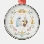 水の色クリスチャン出生私たちの初めてのクリスマス メタルオーナメント (正面)