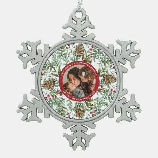 水の色クリスマスさくらんぼホリデーフォト スノーフレークピューターオーナメント (正面)