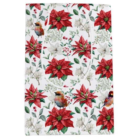 水の色クリスマスのバイブ葉の花、鳥 ミディアムペーパーバッグ (正面)