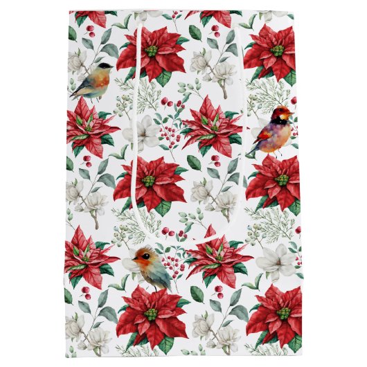 水の色クリスマスのバイブ葉の花、鳥 ミディアムペーパーバッグ (裏面)