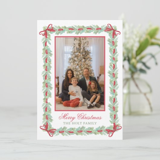水の色クリスマスガーランド、弓&キャンディーフォト シーズンカード (スタンド正面)