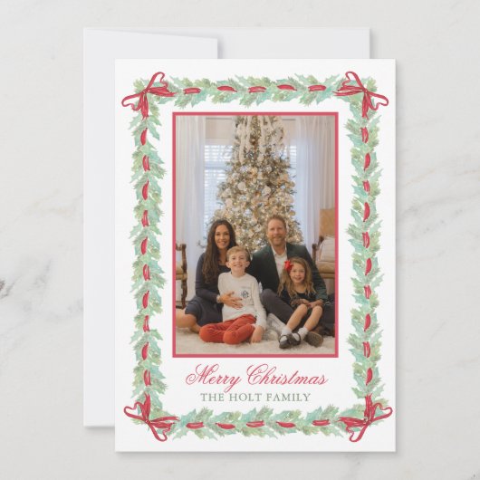 水の色クリスマスガーランド、弓&キャンディーフォト シーズンカード (正面)