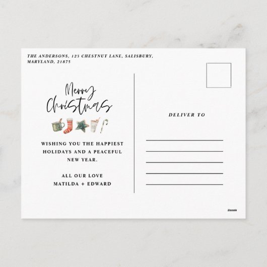 水の色クリスマスクッキーはキャンディケーンを飲む シーズンポストカード (裏面)