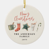 水の色クリスマスクッキーはキャンディケーンを飲む セラミックオーナメント (正面)