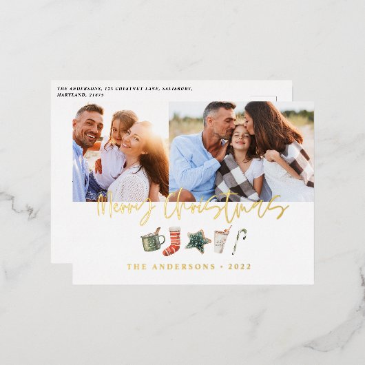 水の色クリスマスクッキー飲み物キャンディ2写真 箔シーズンポストカード (正面/裏面)