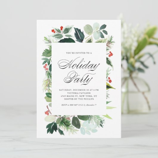 水の色クリスマスグリーナリーフレームホリデーパーティー 招待状 (スタンド正面)